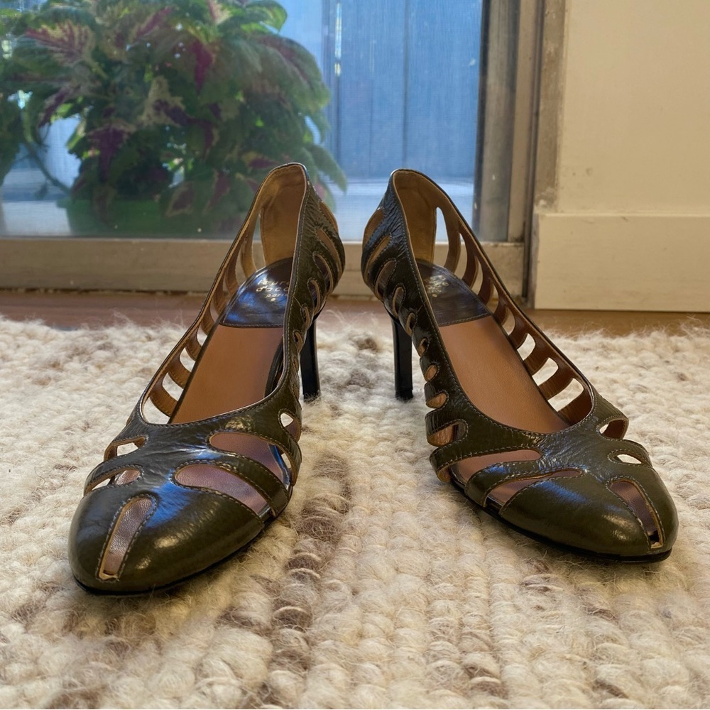 Laurence Dacade Leather Paris Cutout Peep Toe Heels in Olive Green, Size 6